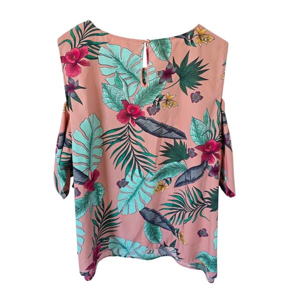 Juna Rose Top Sz 24 Pink Tropical Floral Cold Shoulder Short Sleeve Blouse - Picture 2 of 4